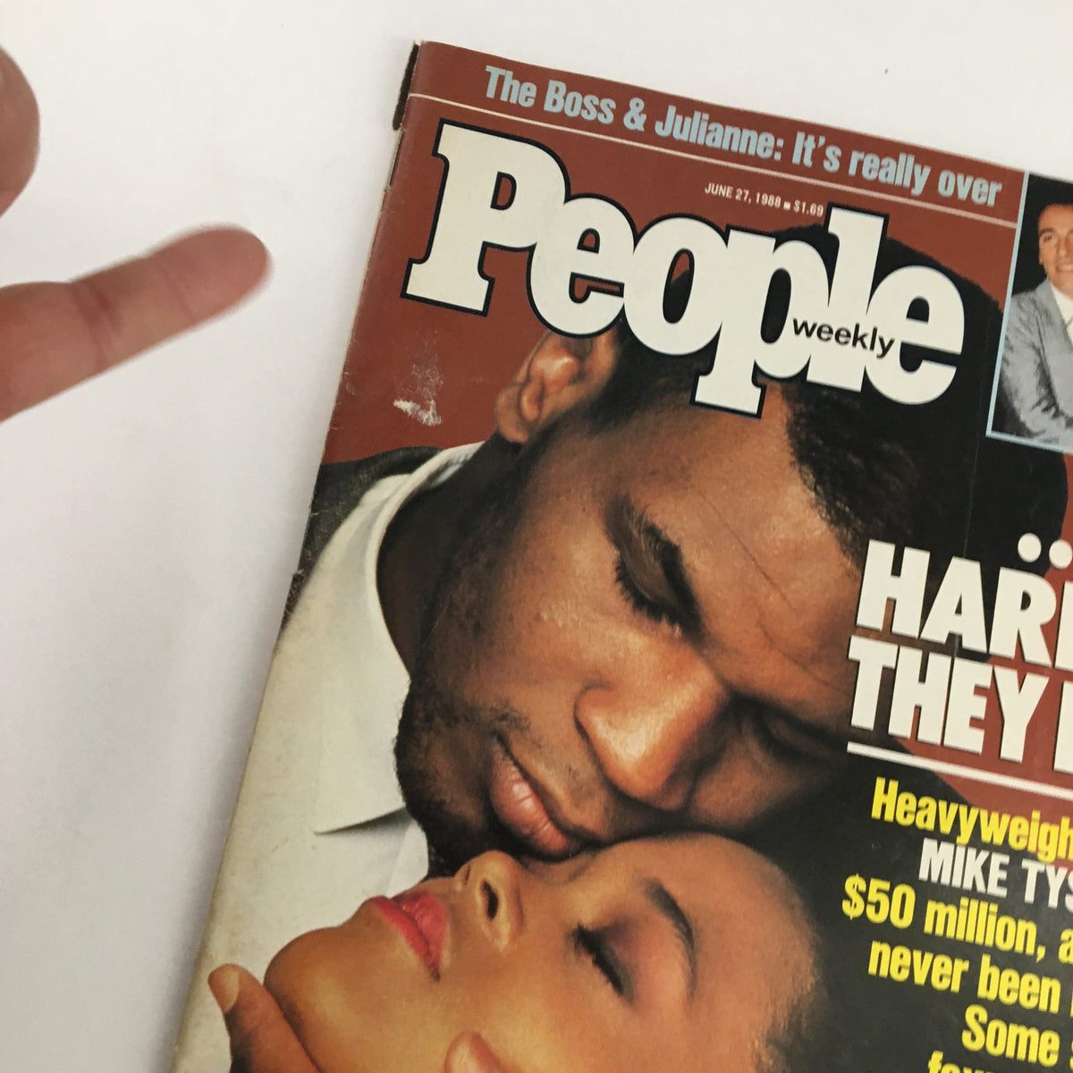 Detailed view of the cover from People Weekly Magazine June 27, 1988, highlighting Mike Tyson and Robin Givens. The headline reads '...THE HARDER THEY FALL'.