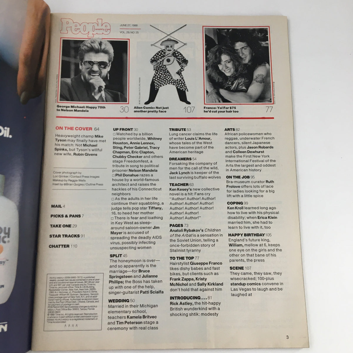 Inside page of People Weekly Magazine from June 27, 1988, featuring the contents and articles, including coverage of Mike Tyson and Robin Givens.