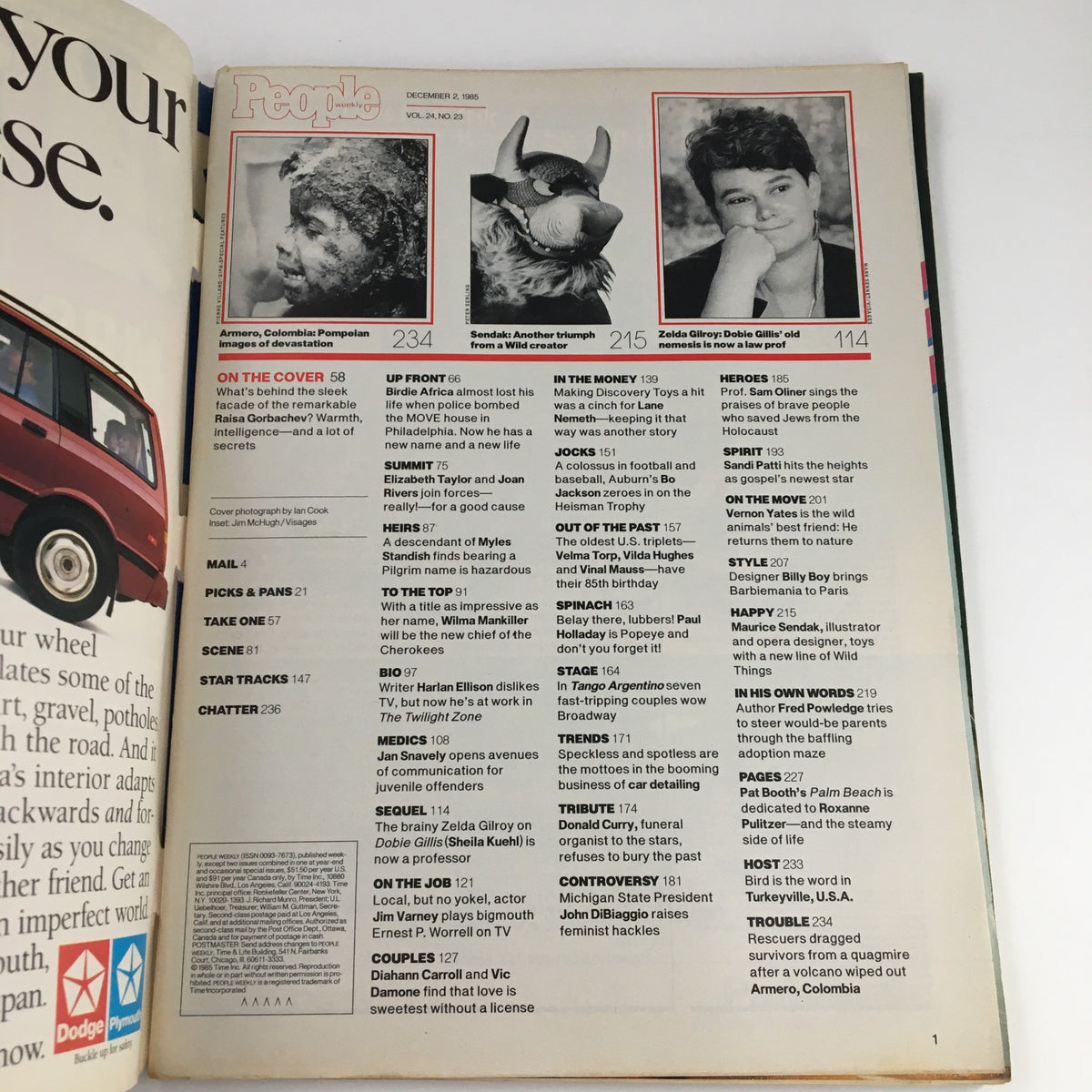 Inside page of People Weekly Magazine December 2, 1985, showcasing the contents including an article on Raisa Gorbachev and details of various features.