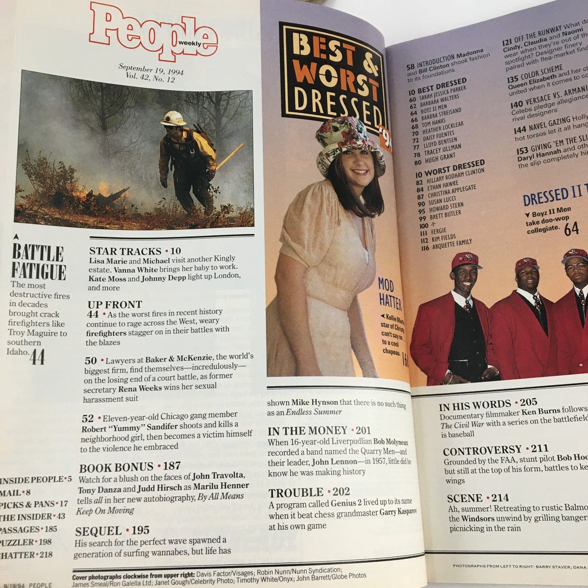 Interior page of People Weekly Magazine from September 19, 1994, showcasing the best and worst dressed list along with various articles, highlighting pop culture of the 90s.