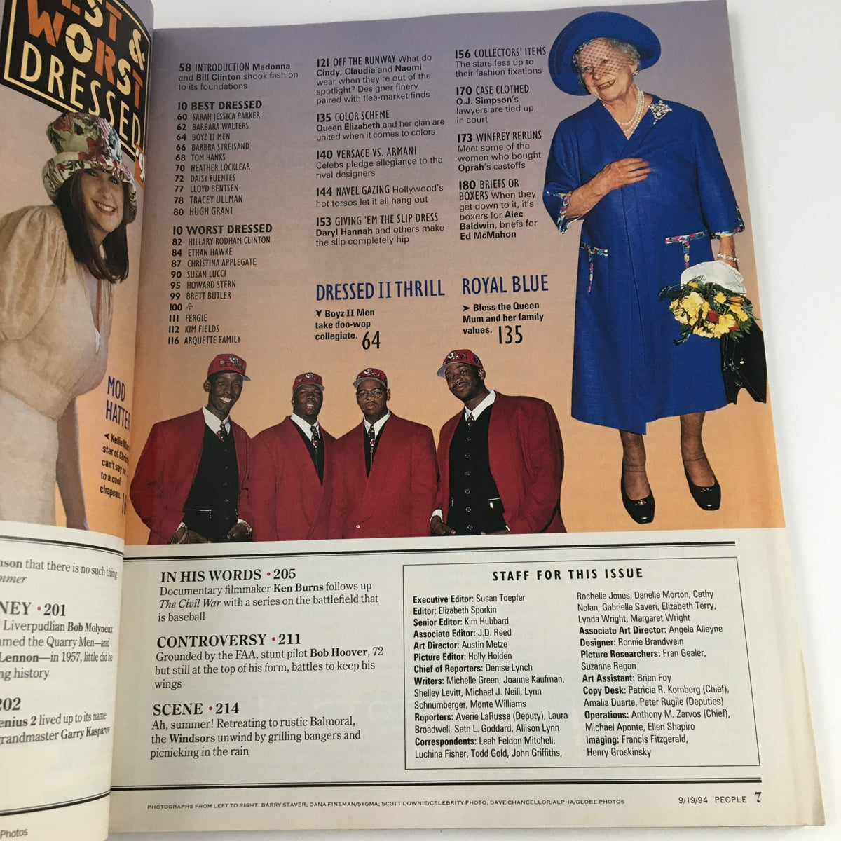 Inside People Weekly Magazine from September 19, 1994 featuring the 'Best & Worst Dressed' section, highlighting celebrities like Boyz II Men in red suits and a blue-dressed woman, capturing iconic fashion moments.