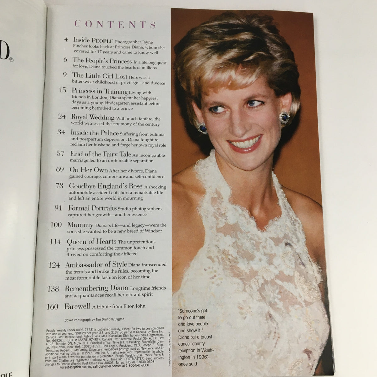Contents page of People Weekly Magazine Fall 1997 featuring an image of Diana, Princess of Wales, highlighting articles about her life and legacy.