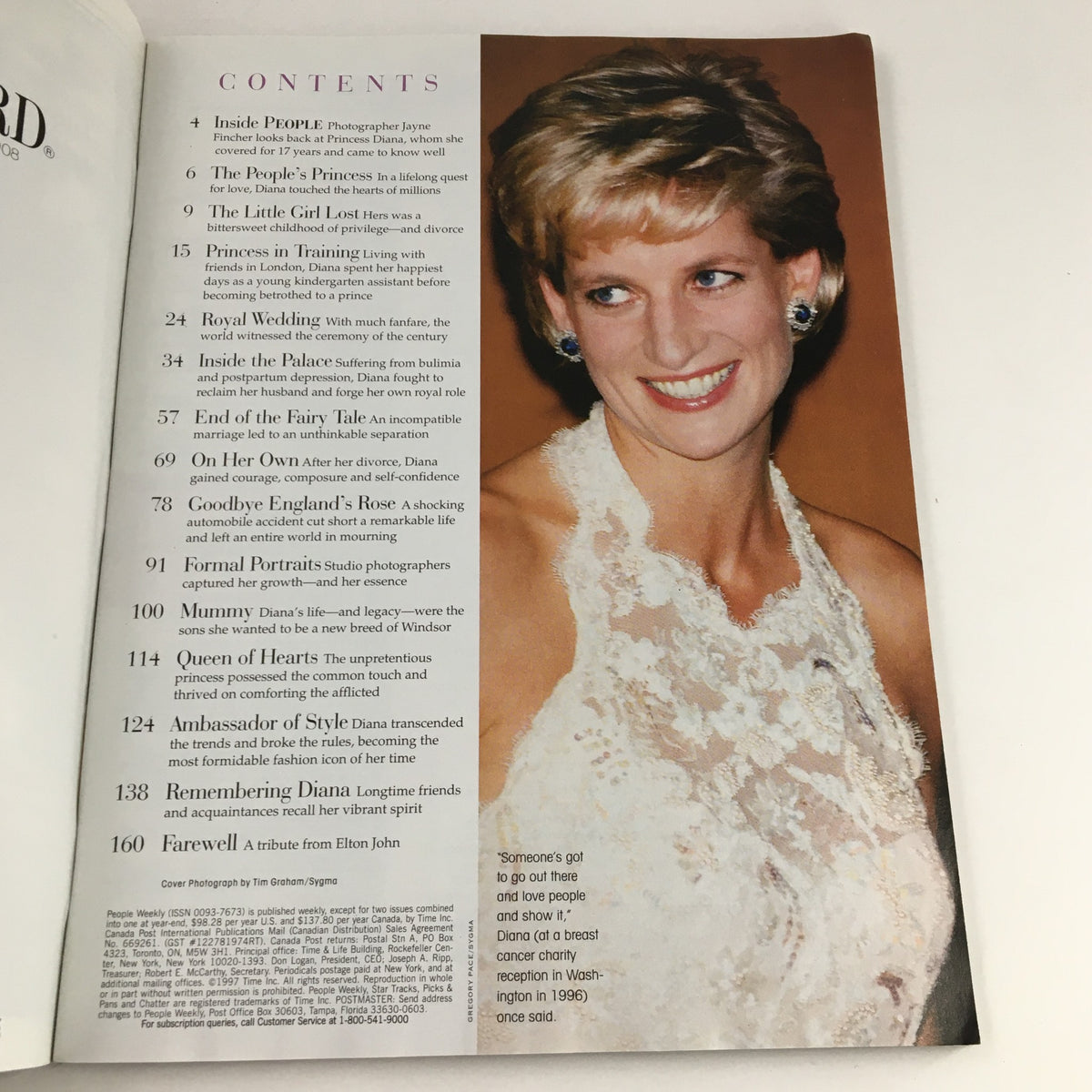 Contents page of People Weekly Magazine Fall 1997, detailing the features about Princess Diana's life and legacy, with a photograph of her smiling.