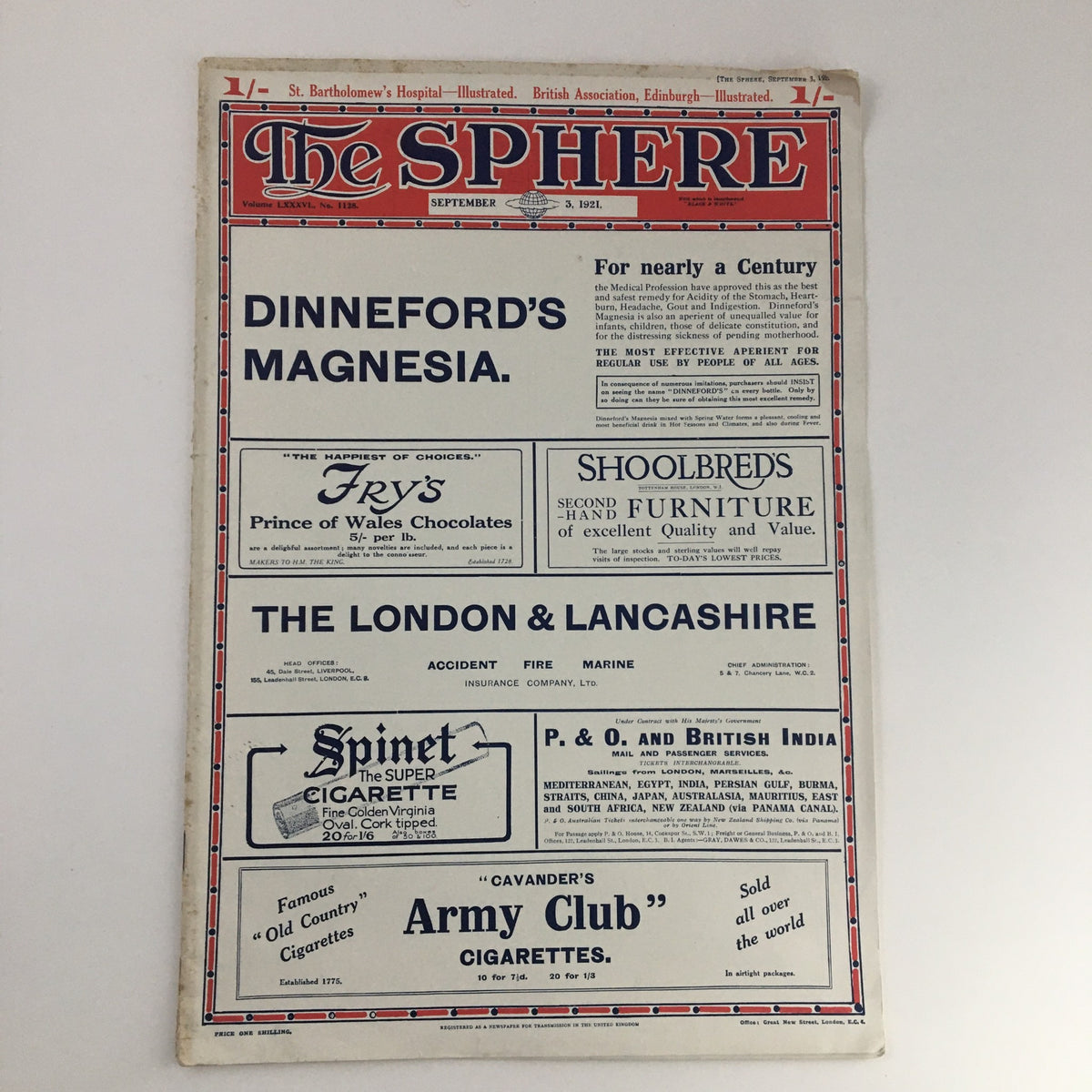 The Sphere Newspaper from September 3, 1921, displaying advertisements including Dinneford's Magnesia and Fry's Prince of Wales Chocolates.