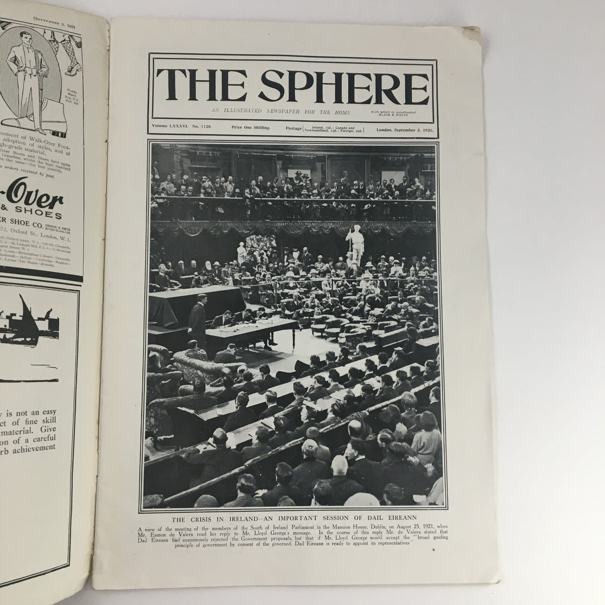 The Sphere Newspaper September 3, 1921, featuring an important session of Dail Eireann amidst the Crisis in Ireland, showcasing a crowded audience and speakers.