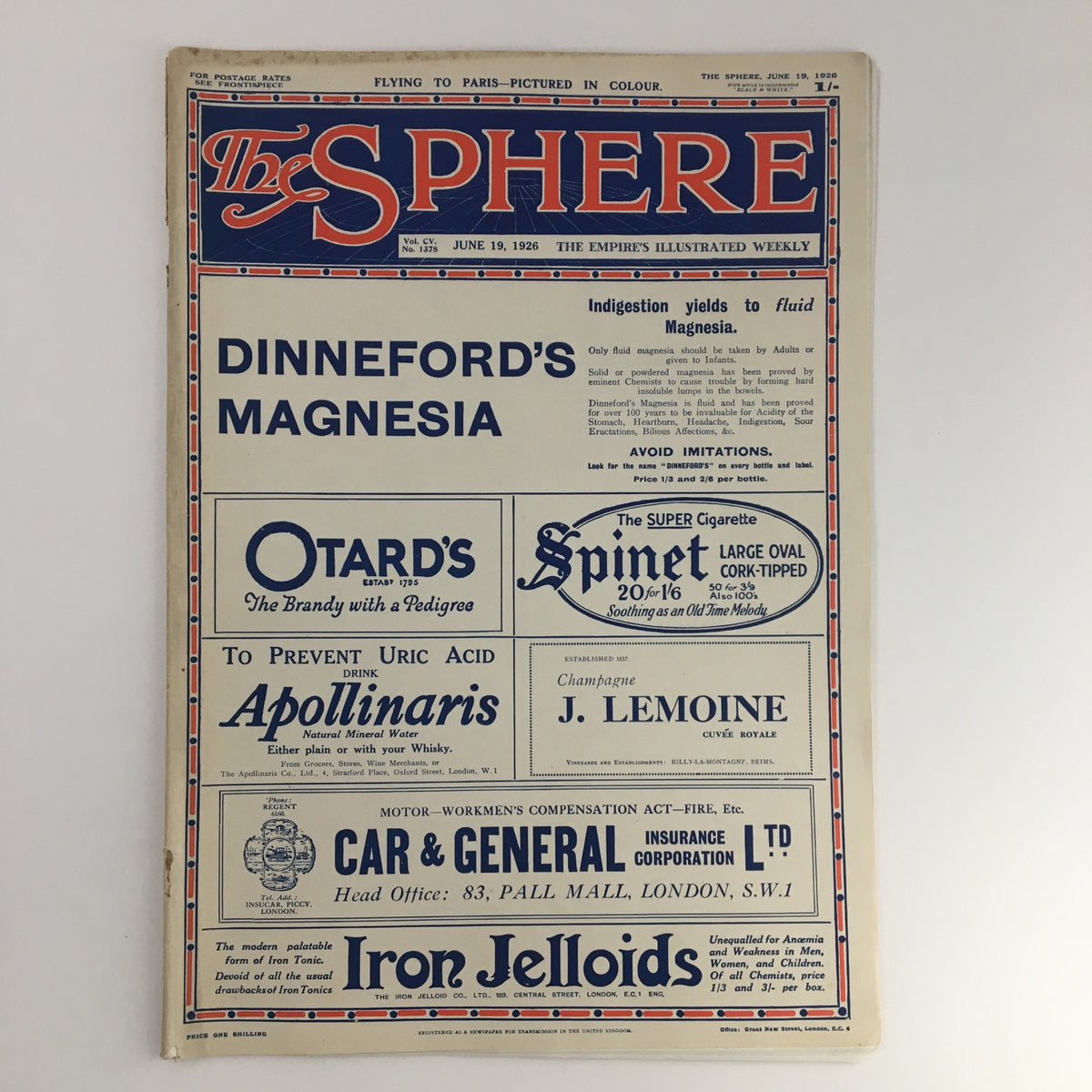 The Sphere Newspaper June 19 1926 cover featuring advertisements and headlines, showcasing the Test Match weather at Trent Bridge.