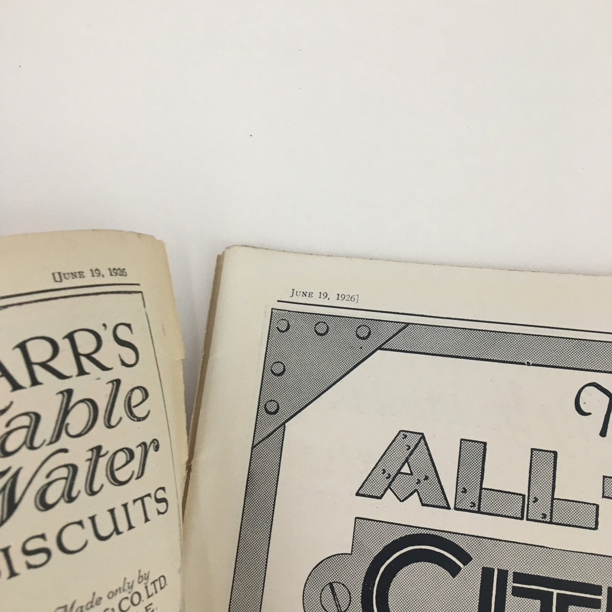 Inside page of The Sphere Newspaper June 19 1926 displaying an advertisement for Carr’s Table Water Biscuits.
