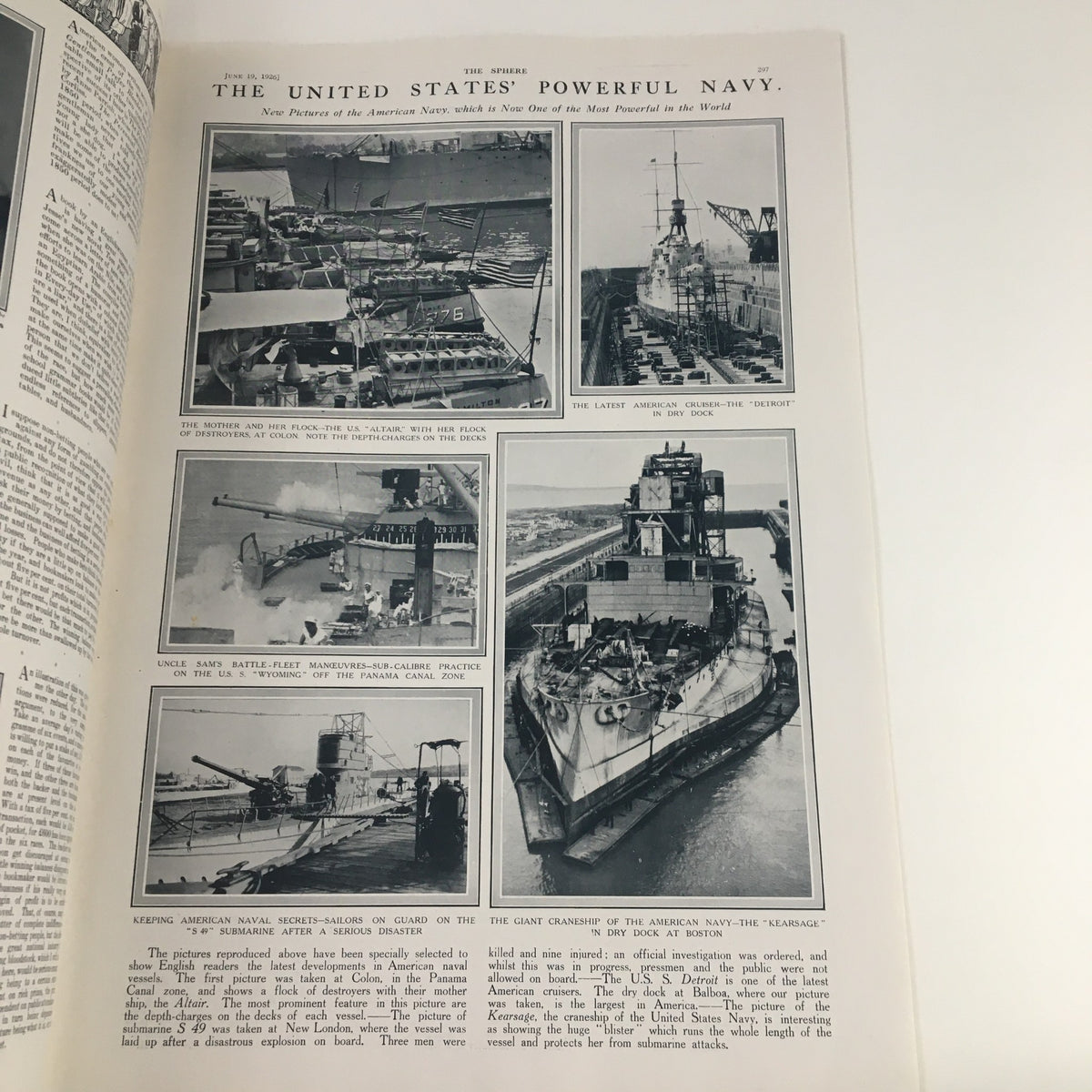 Inside page of The Sphere Newspaper June 19 1926 with images and text about the United States Navy, highlighting powerful warships and naval operations.