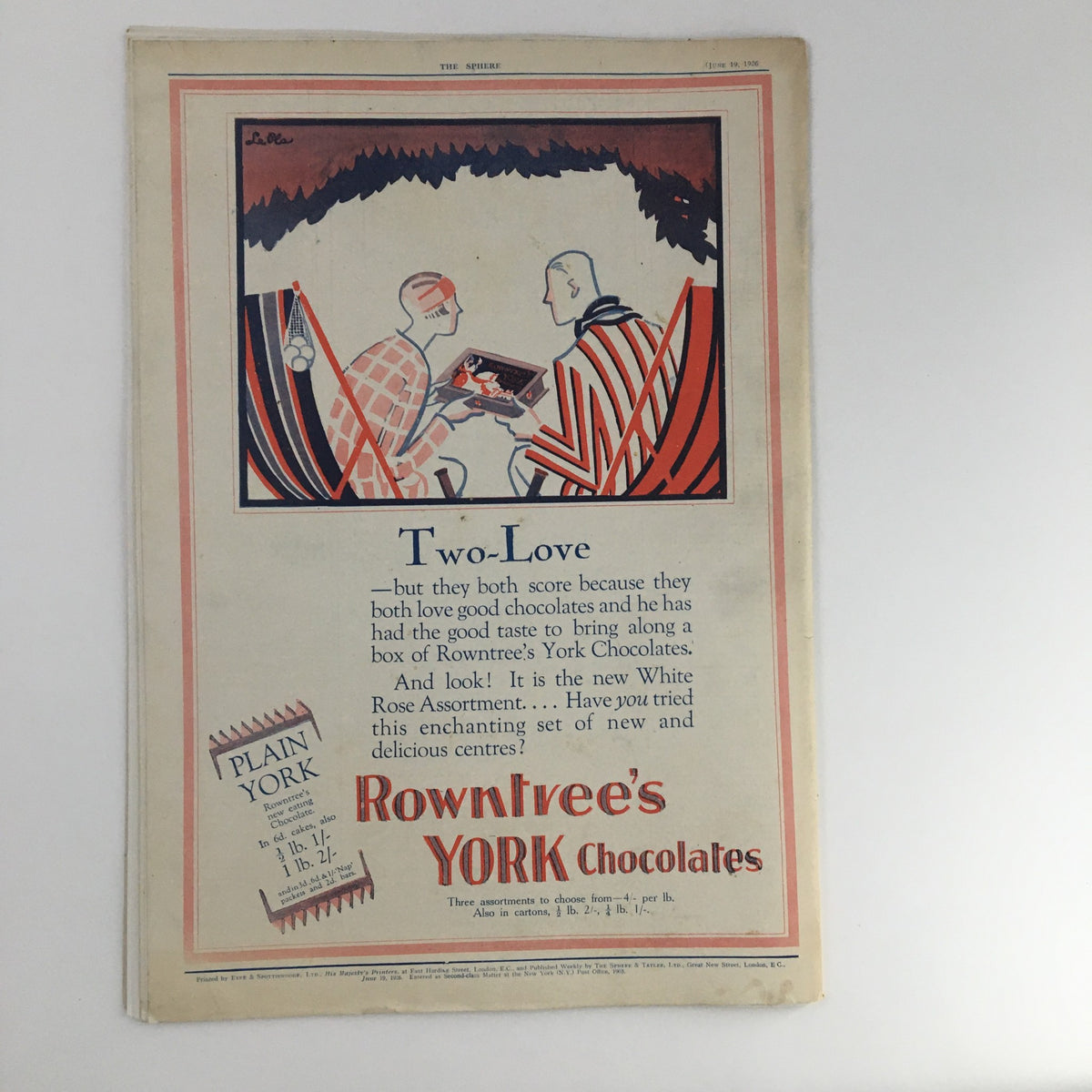 Back cover of The Sphere Newspaper June 19 1926 featuring an advertisement for Rowntree's York Chocolates, illustrated with characters engaged in conversation.