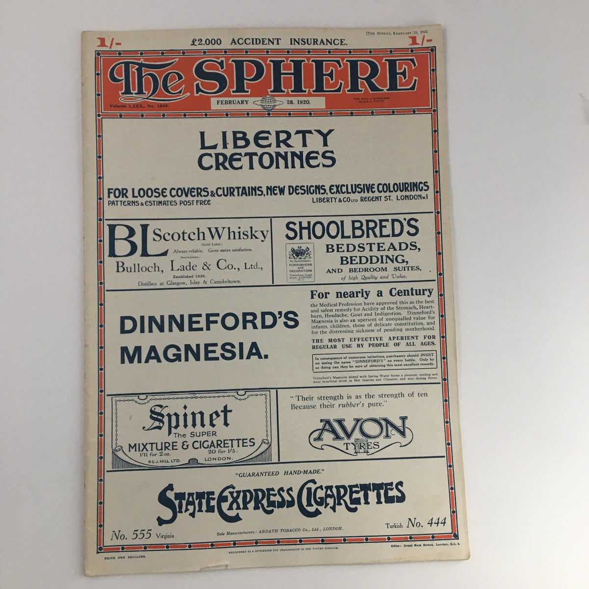 The Sphere Newspaper February 28 1920 front cover featuring advertisements and the title, highlighting its significance as a historical publication.