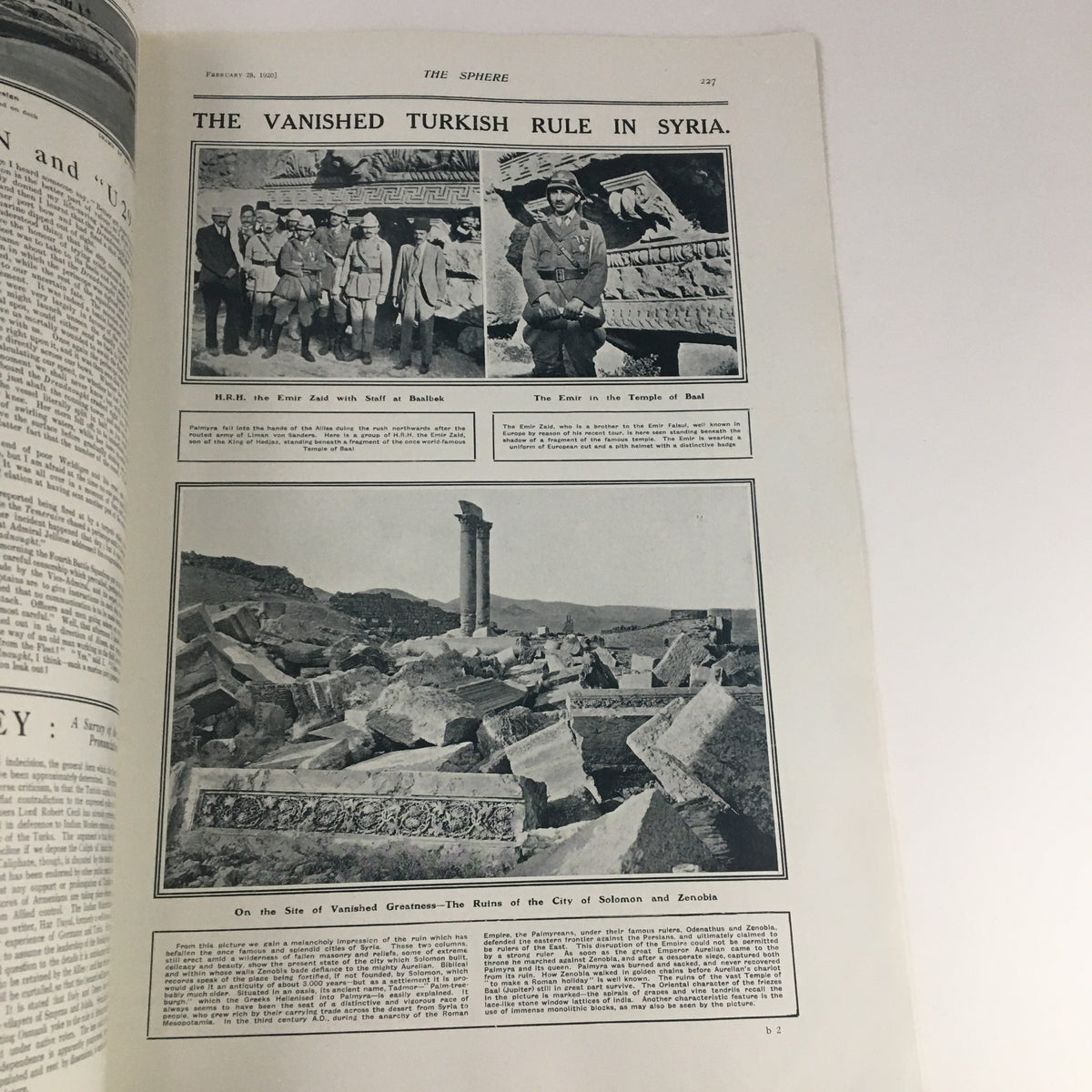 The Sphere Newspaper February 28 1920 interior page detailing the vanishing Turkish rule in Syria, illustrating historical context and events.