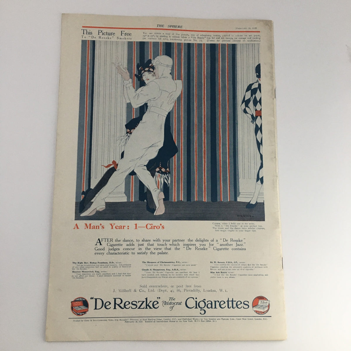 The Sphere Newspaper February 28 1920 back cover advertisements featuring a dancing illustration for De Reszké Cigarettes, enhancing the newspaper's cultural relevance.