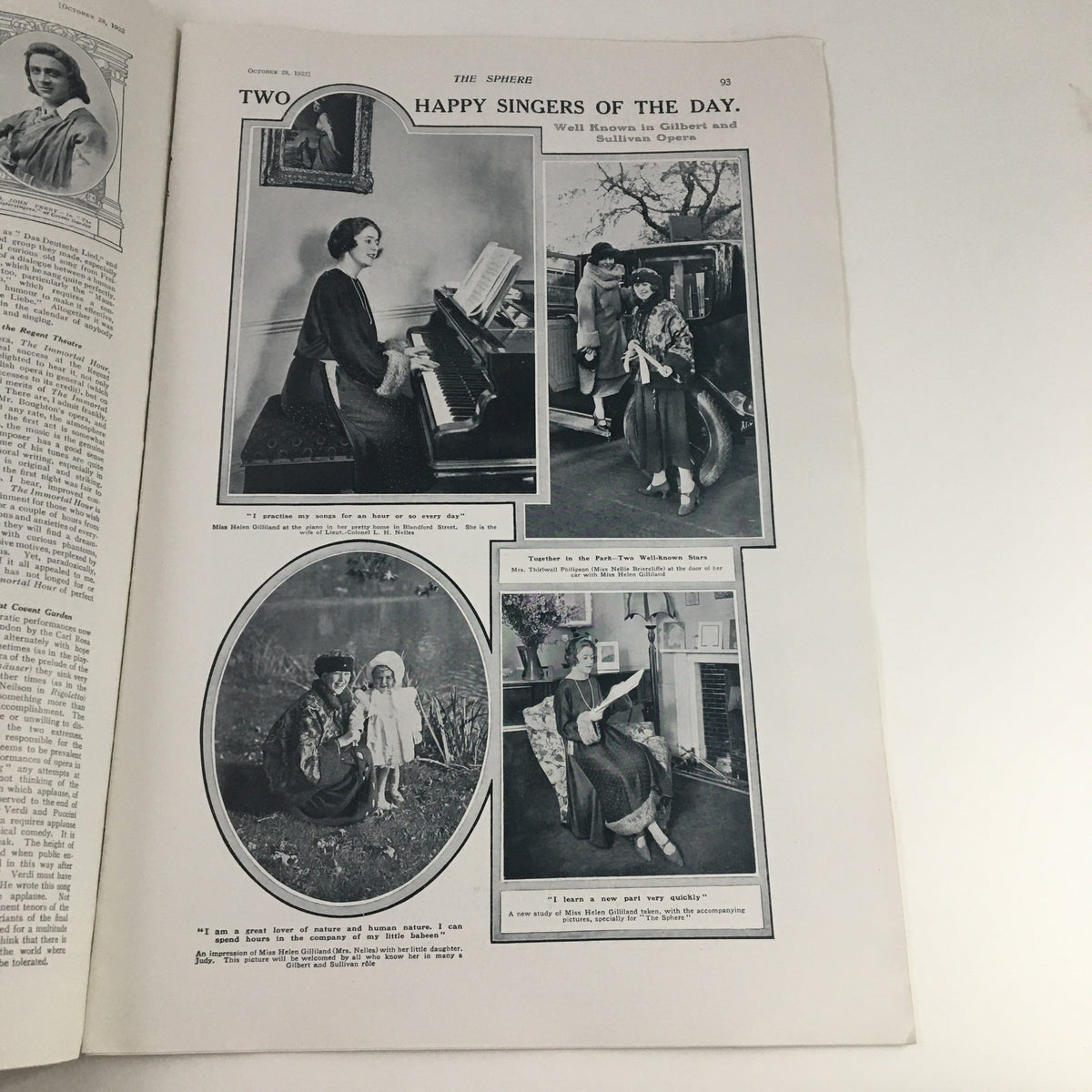 Inside page of The Sphere Newspaper, October 28, 1922, showcasing images and articles about happy singers of the day, capturing cultural moments from the early 20th century.