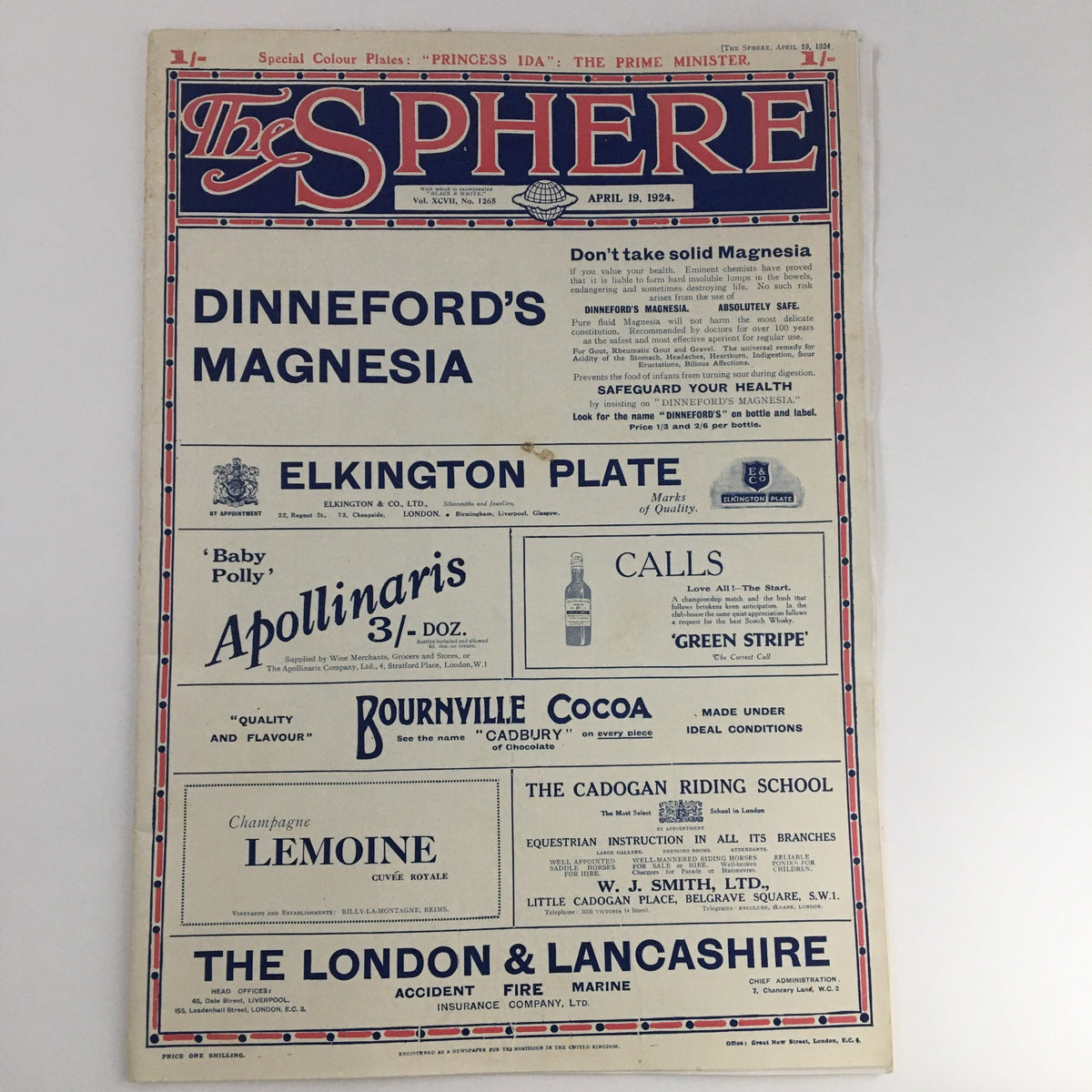 The Sphere Newspaper April 19, 1924; cover page featuring advertisements, showcasing vintage marketing and period design elements.