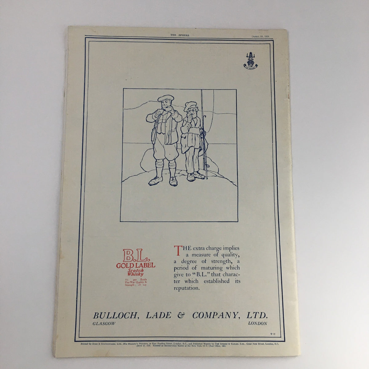Back page of The Sphere Newspaper April 19, 1924; showing an advertisement for Bulloch, Lade & Company, featuring vintage illustrations and typography.