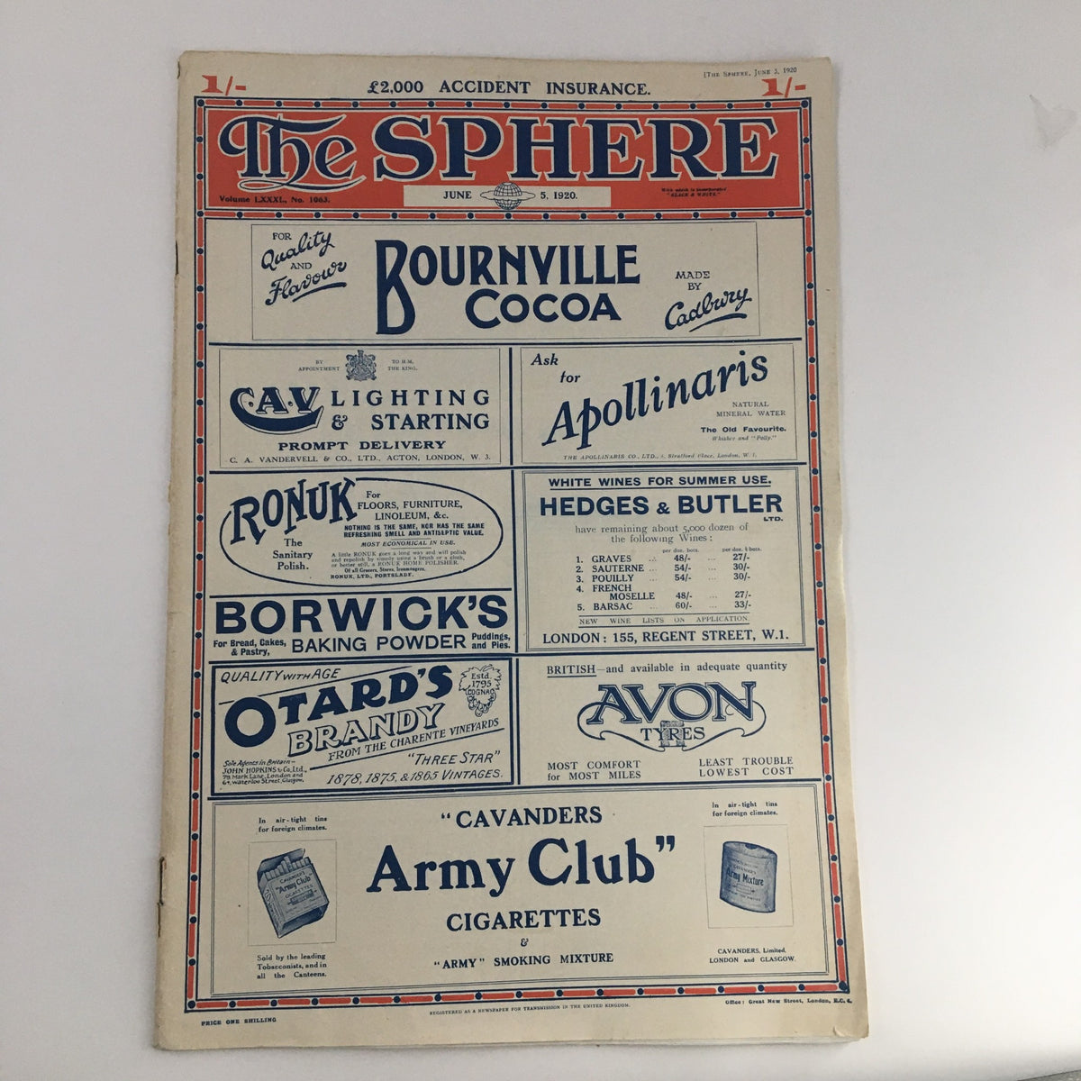 The Sphere Newspaper June 5 1920, front page displaying advertisements for Bournville Cocoa and other products, reflecting historical marketing.
