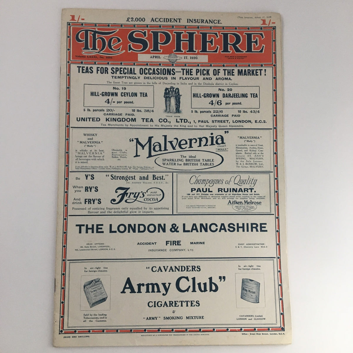 The Sphere Newspaper April 17 1920 cover page with advertisements, highlighting its early 20th-century publication style.
