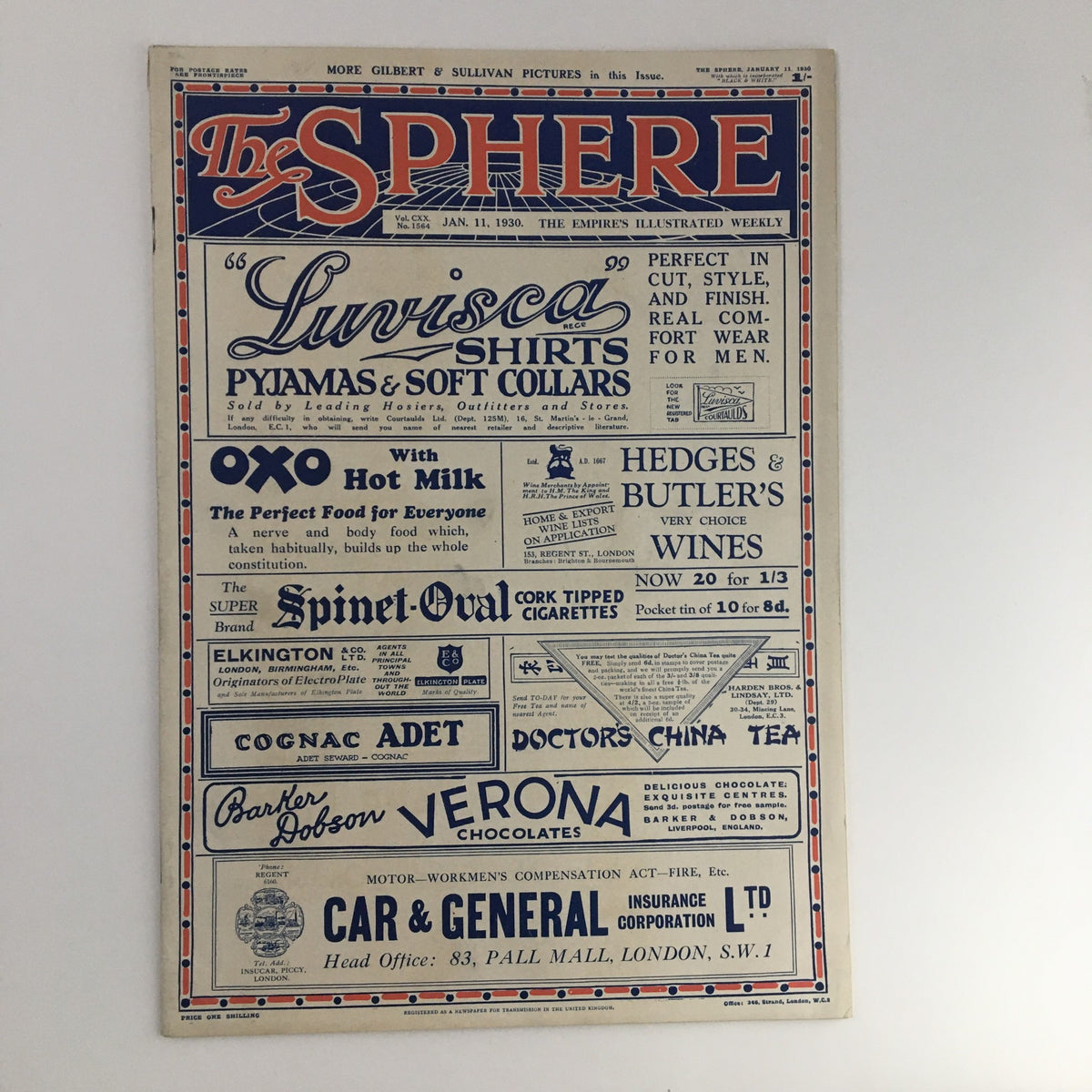 Advertisment-laden back cover of The Sphere Newspaper dated January 11, 1930, showcasing various products including Luvisca shirts and Hedges & Butler's wines.