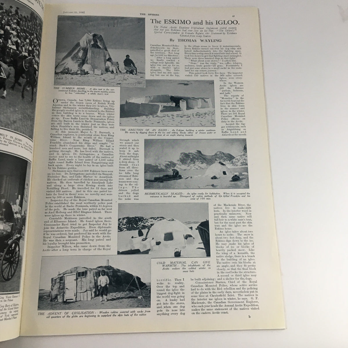 Page from The Sphere Newspaper dated January 11, 1930, featuring an article titled 'The Eskimo and his Igloo' by Thomas Wayling, with multiple images depicting igloos and Arctic life, showcasing historical narratives.