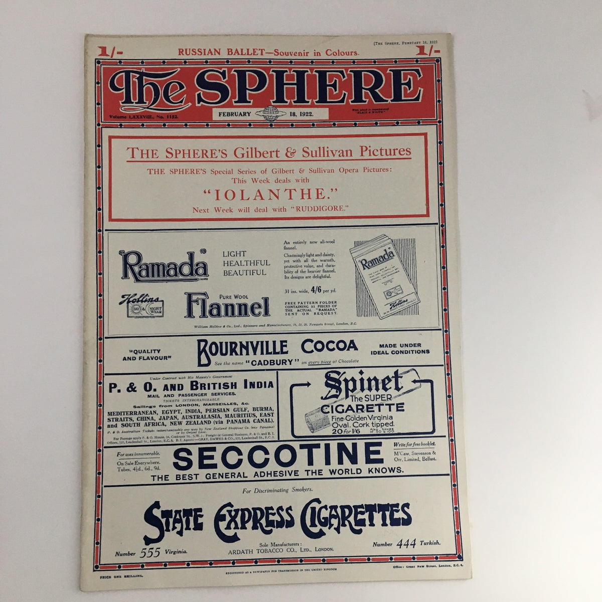 The Sphere Newspaper from February 18 1922, displaying advertisements and promotions, revealing the design and print style of early 20th-century publications.