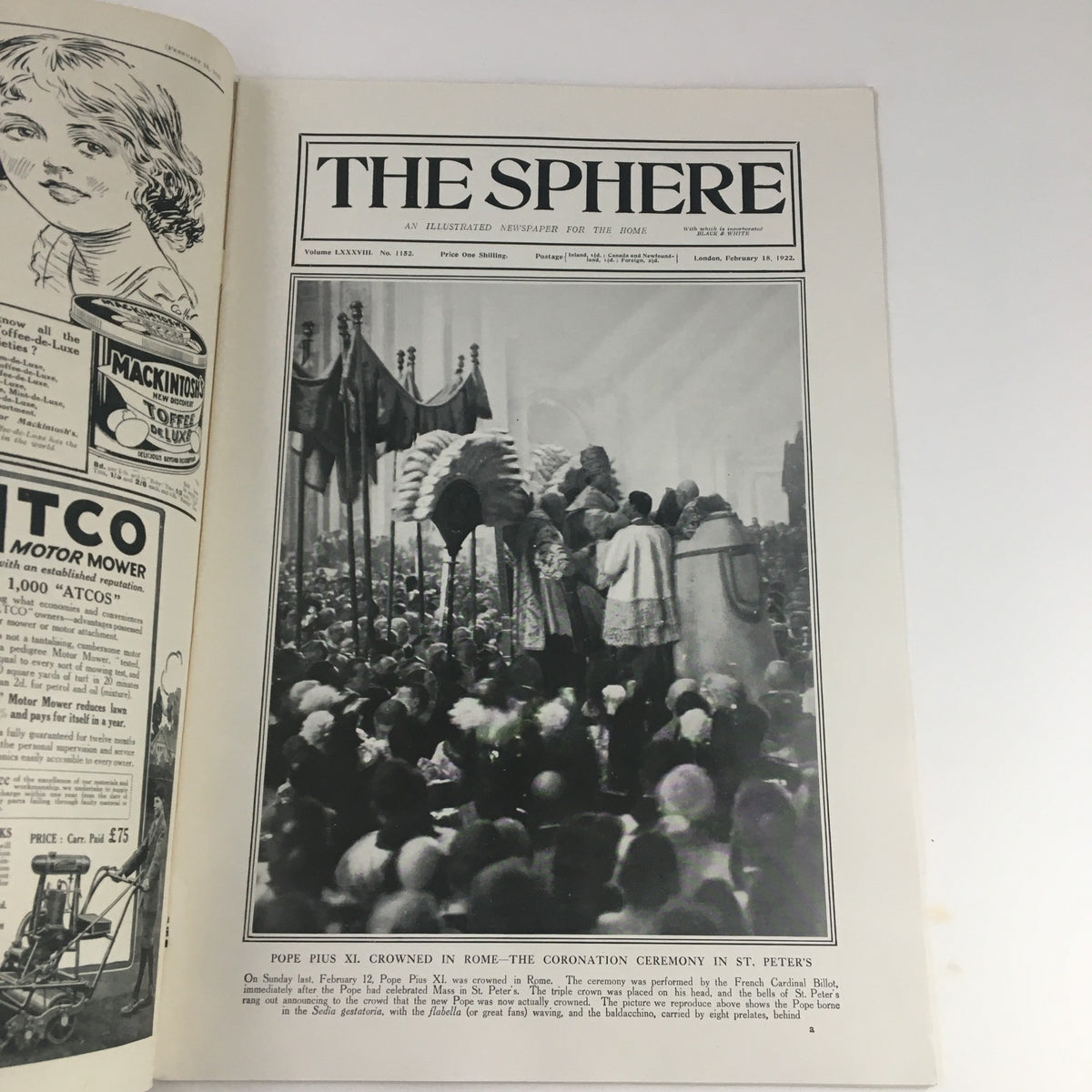 The Sphere Newspaper February 18 1922, featuring the coronation ceremony of Pope Pius XI in St. Peter's, Rome, showcasing historic imagery and vintage journalism.