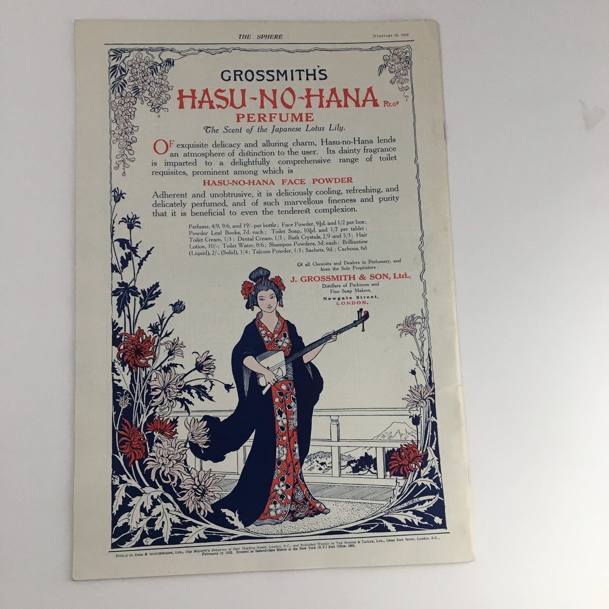 The Sphere Newspaper February 18 1922 showcasing an advertisement for Grossmith's Hasu-No-Hana Perfume, featuring a woman in traditional attire amidst floral designs.
