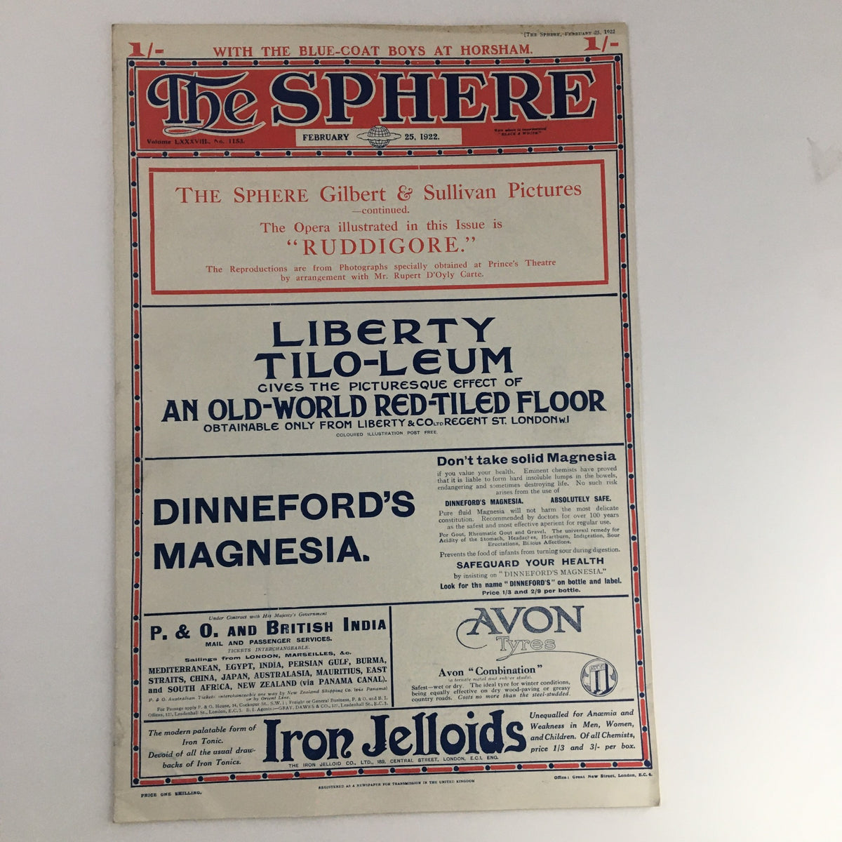 The Sphere Newspaper February 25 1922 cover highlighting Gilbert & Sullivan Pictures, including an advertisement for Liberty Tilo-Leum and other historical promotions.