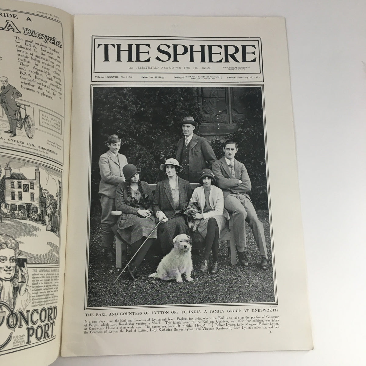 The Sphere Newspaper February 25 1922 featuring The Earl and Countess of Lytton with family members at Kenilworth, showcasing a historical photograph of British aristocracy.