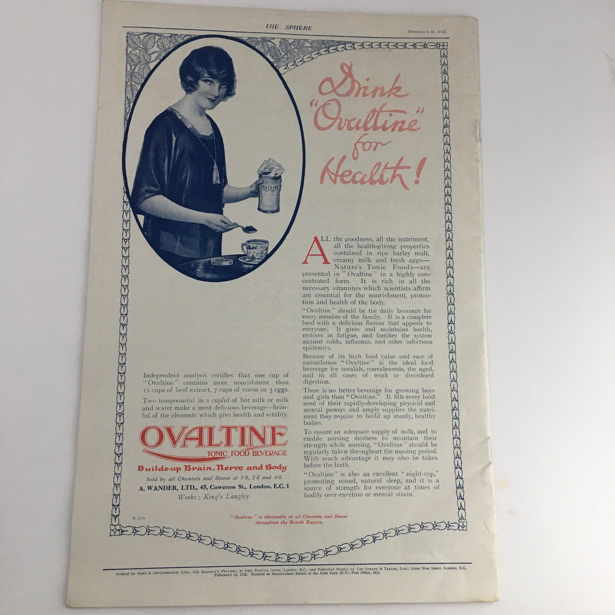 Vintage advertisement from The Sphere Newspaper February 25 1922 promoting Ovaltine for health benefits, featuring a woman preparing the beverage. A glimpse into 1920s marketing.