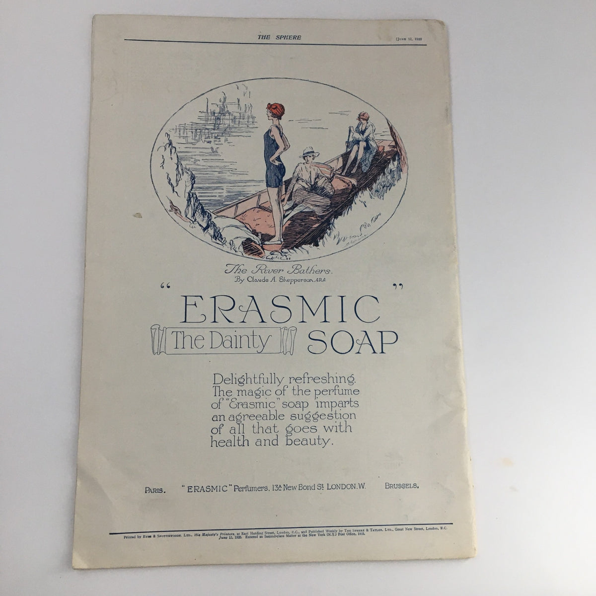 The Sphere Newspaper June 12 1920 back cover advertisement for 'Erasmic Soap,' highlighting stylish illustrations and promoting beauty products from the era.
