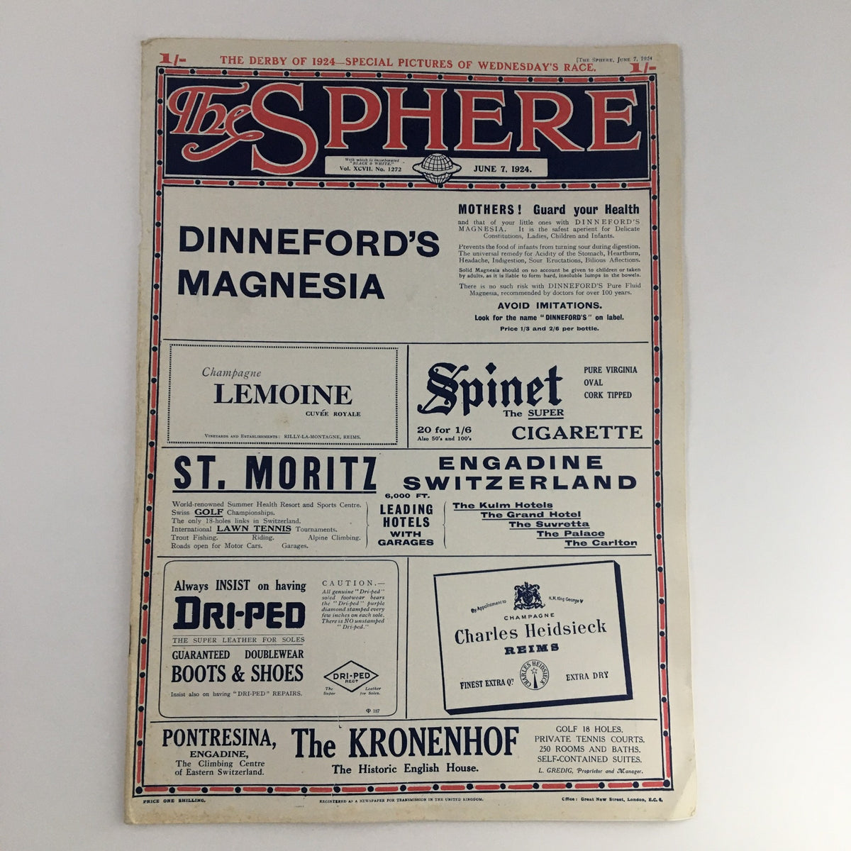 Front page of The Sphere Newspaper June 7, 1924 displaying advertisements and the headline 'Dinneford's Magnesia'.