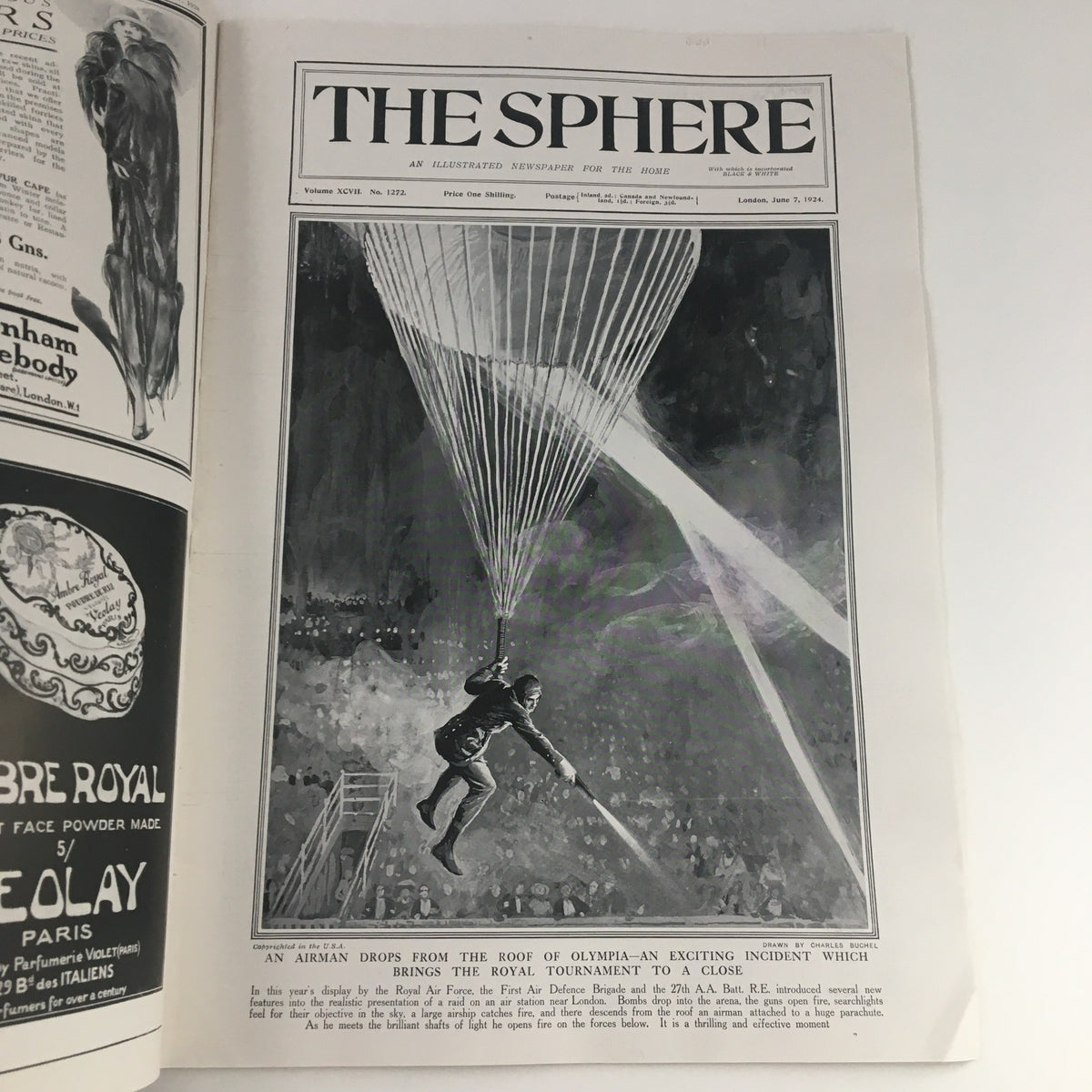 Cover of The Sphere Newspaper June 7, 1924 featuring the headline 'An Airman Drops From The Roof of Olympia' with an illustration of an airman parachuting.