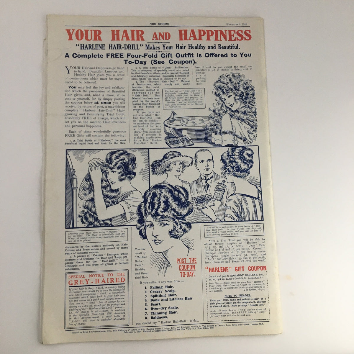 The Sphere Newspaper February 2 1924 advertisement page discussing beauty products and offers for hair care.