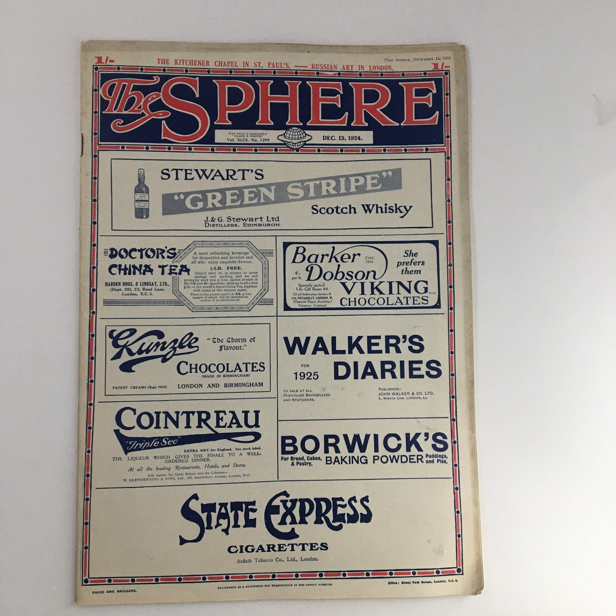 The Sphere Newspaper December 13 1924 featuring the front cover with various advertisements including Stewart's Green Stripe Scotch Whisky and Doctor's China Tea.
