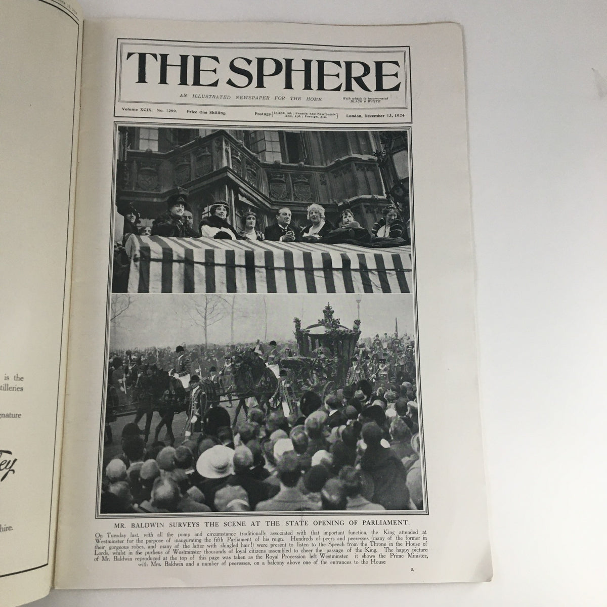 The Sphere Newspaper December 13 1924 featuring an article titled 'Mr. Baldwin Surveys The Scene' with a historic photograph capturing the State Opening of Parliament.