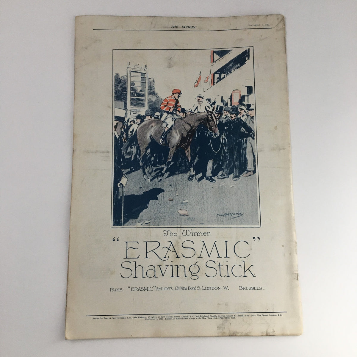 Sphere Newspaper September 4, 1920: Cover of an advertisement featuring 'The Winner Erasmic Shaving Stick' with a colorful depiction.