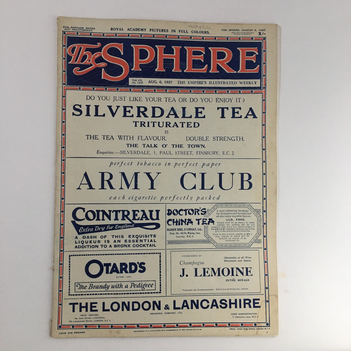 Cover of The Sphere Newspaper, August 6, 1927, highlighting advertisements and the topic of Silverdale Tea, part of the content surrounding Henry VIII Comes to Life Again at Hatfield.