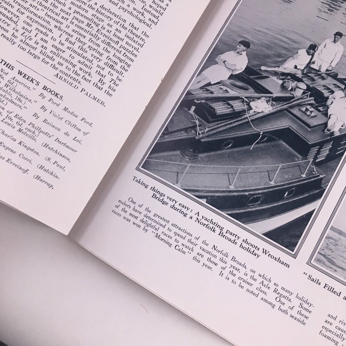 Article from The Sphere Newspaper, August 6, 1927, featuring a photo of a boating party, illustrating cultural life from the late 1920s.