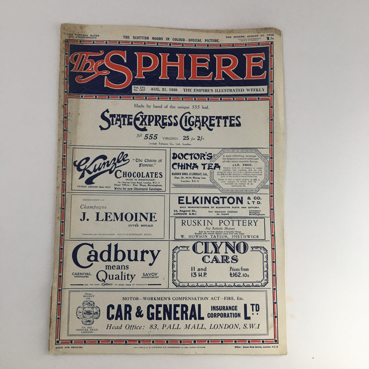 Cover page of The Sphere Newspaper from August 21, 1926, featuring advertisements and title, highlighting its historical significance.