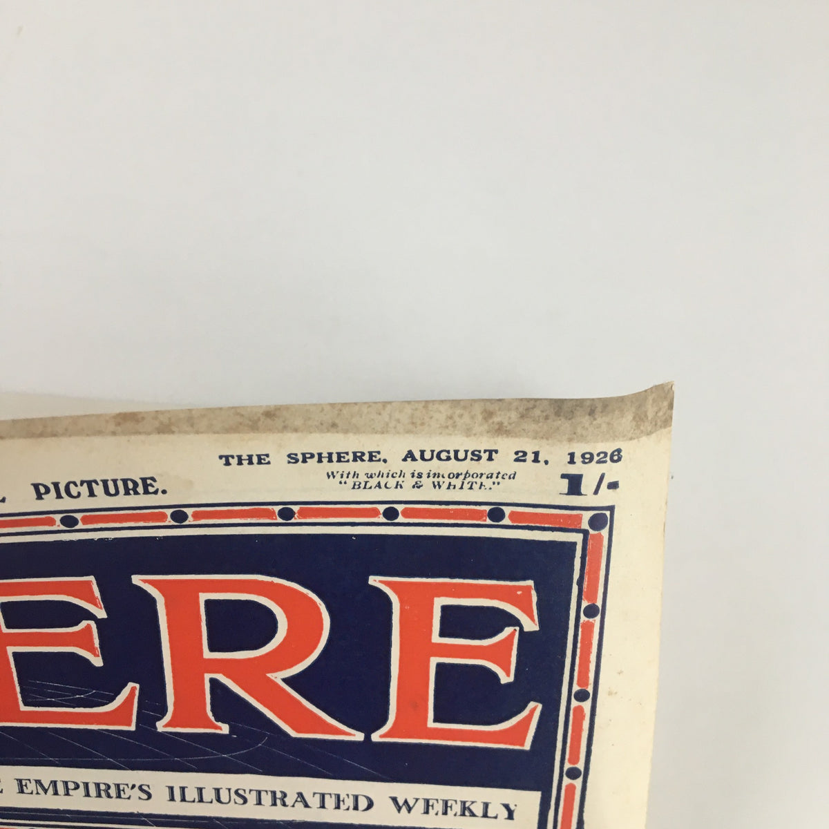 Front cover of The Sphere Newspaper, August 21, 1926, featuring the publication's name and date, showcasing vintage design elements.