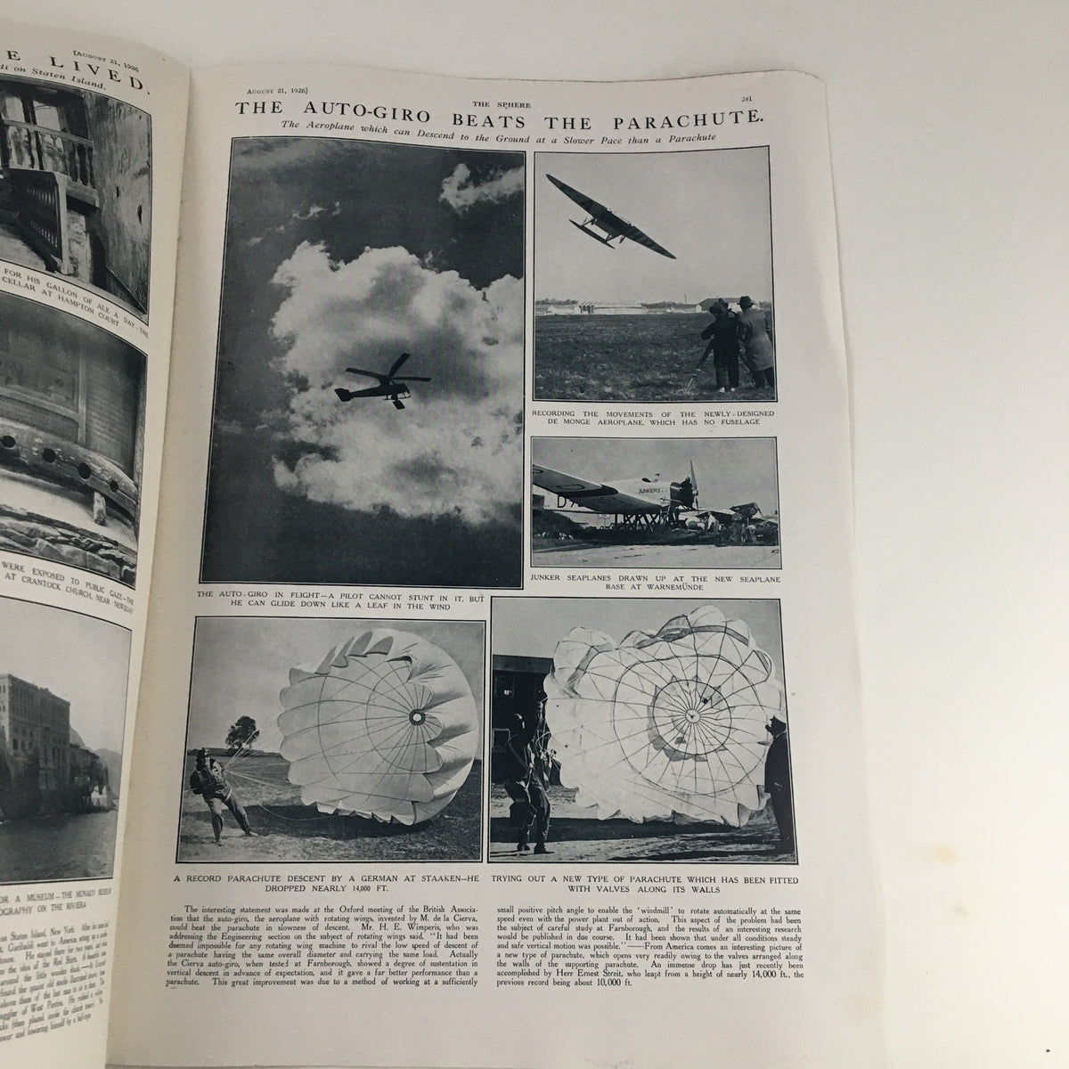 Interior page from The Sphere Newspaper, August 21, 1926, illustrating an article about the Auto-Giro aircraft with accompanying images.