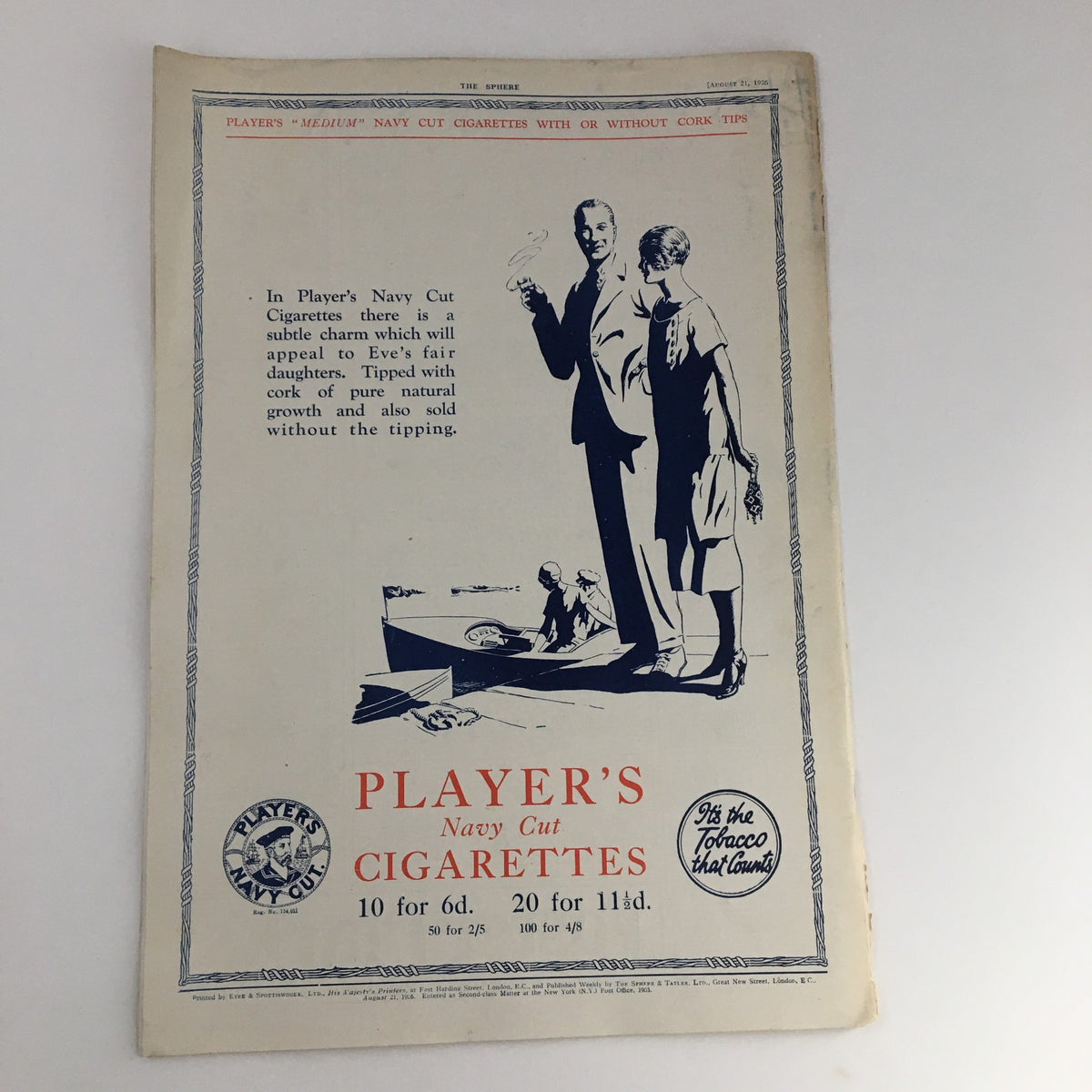 Back cover of The Sphere Newspaper, August 21, 1926, displaying an advertisement for Player's Navy Cut Cigarettes with a vintage illustration.