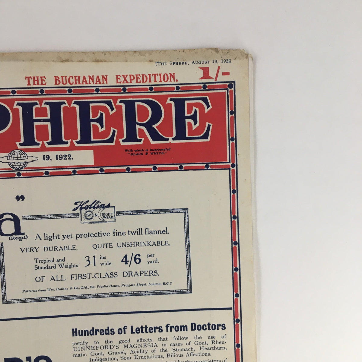 Close-up of The Sphere Newspaper from August 19 1922, highlighting the title and advertisements, including one for Dinneford's Magnesia.