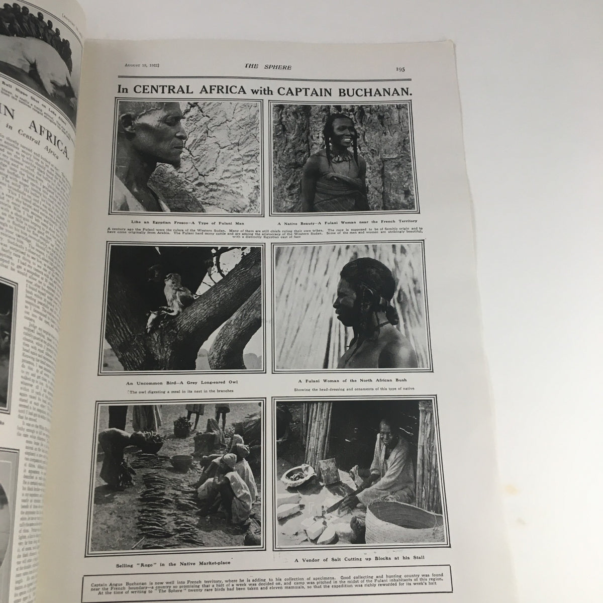 Interior of The Sphere Newspaper, August 19 1922, featuring a page on Central Africa with Captain Buchanan, displaying photographs and descriptions of local life.