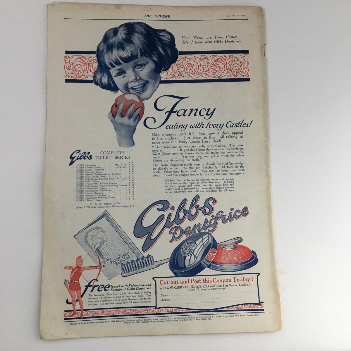 The back cover of The Sphere Newspaper from August 19 1922, advertising Gibbs Denatured Toilet Soap with an illustration of a girl and historical product details.