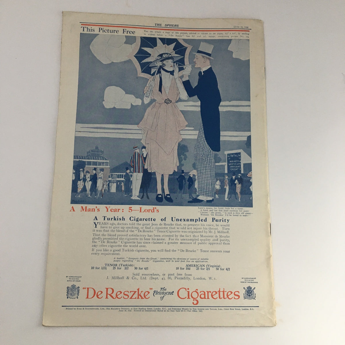 The Sphere Newspaper June 19 1920 - Artistic advertisement for De Reszke Cigarettes, showcasing fashion and style from the 1920s.