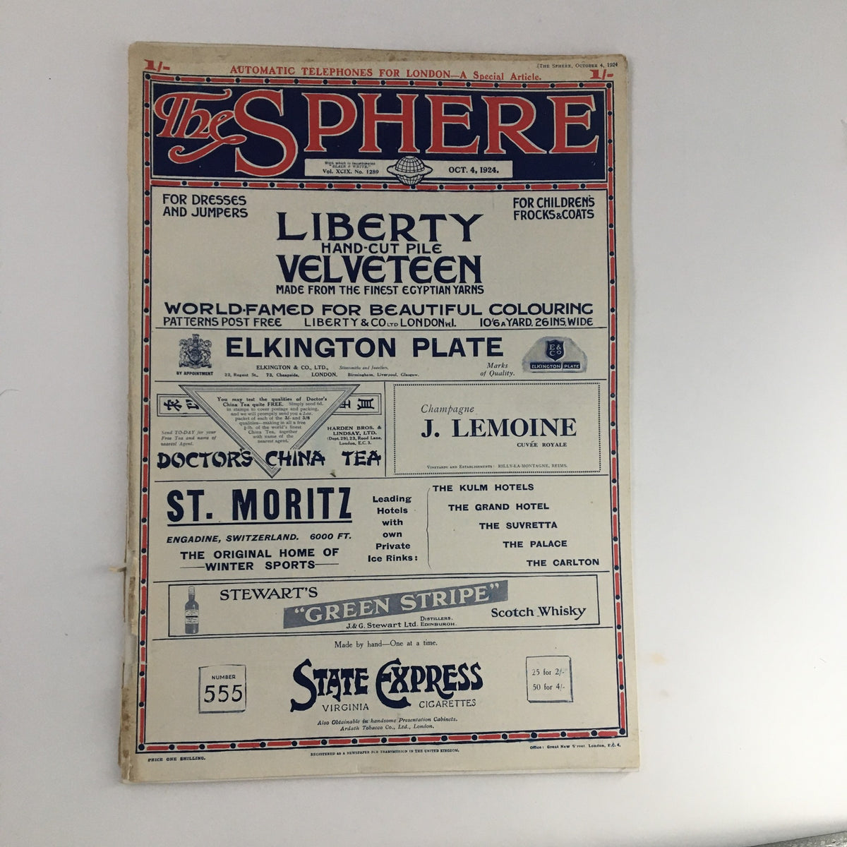 The Sphere Newspaper October 4 1924 showcasing vibrant advertisements and a vintage design typical of early 20th-century publications.