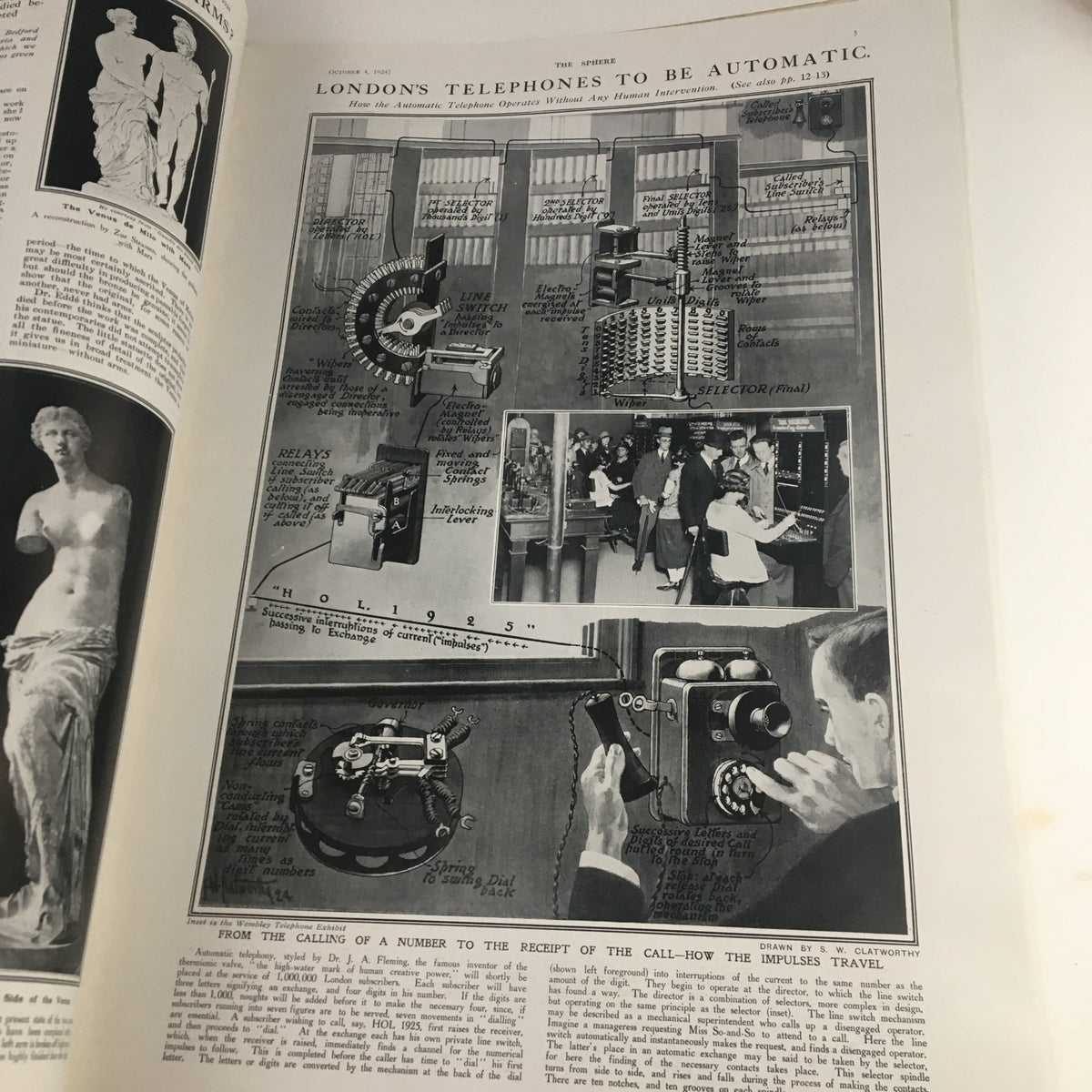 The Sphere Newspaper October 4 1924 illustrating the interior view of early telephone operational systems, emphasizing historical communication technology.