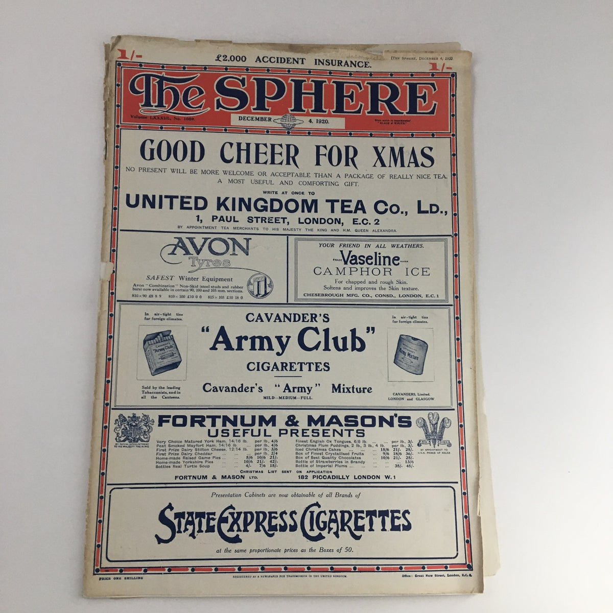 The Sphere Newspaper December 4, 1920, showcasing the cover with advertisements and title.