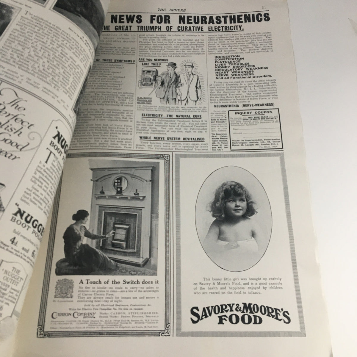 Interior page of The Sphere Newspaper dated October 1, 1921, displaying articles and advertisements, including a segment on Neurathenics and vintage product promotions, offering insights into early 20th-century issues.